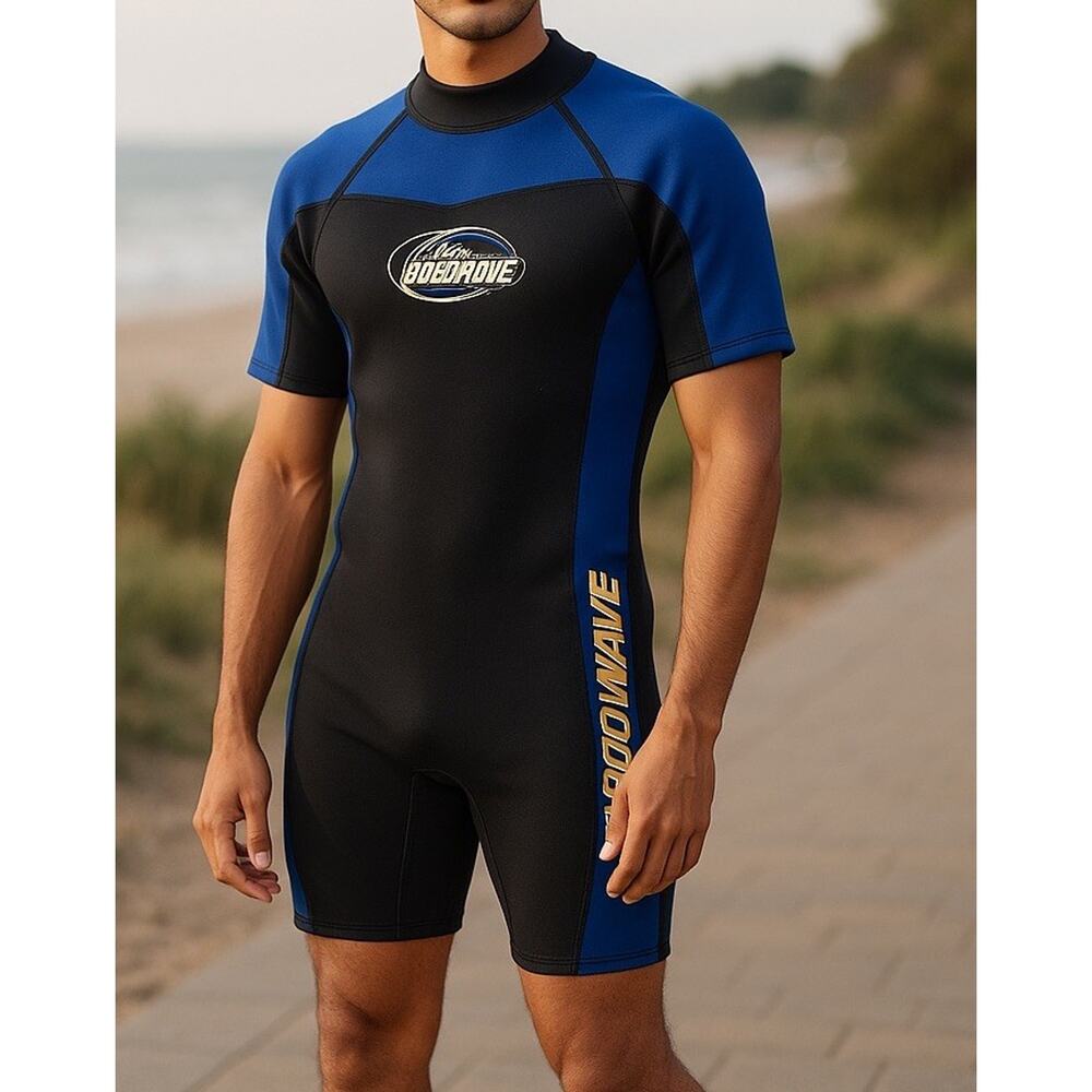 Aquawave Wetsuit Men's Small Black Blue Zip Up Surf Snorkel Beach Summer Suit
